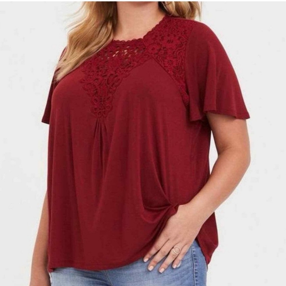 TORRID Burgundy Red Lace Yoke Flutter Sleeve Top NWT!